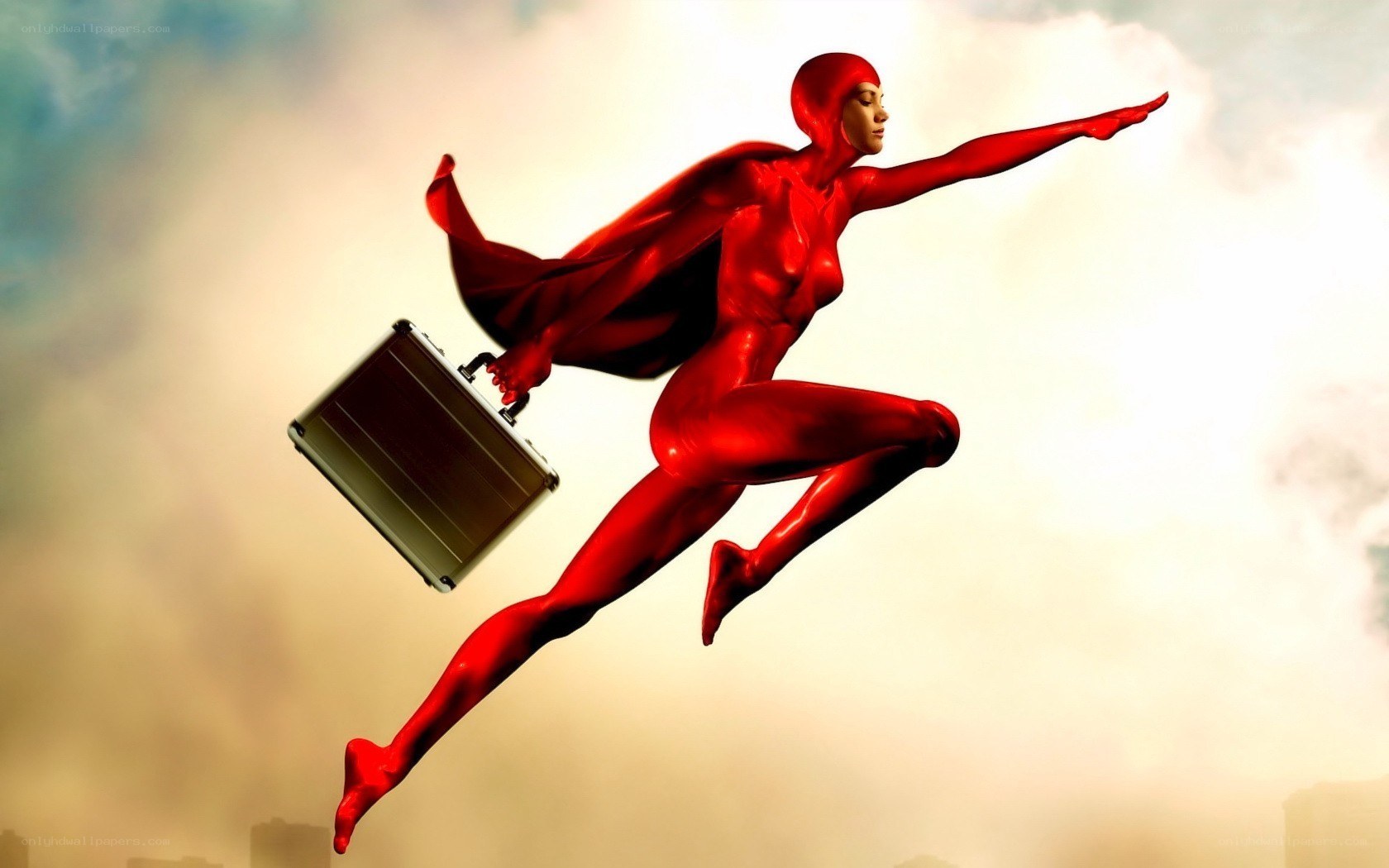 superhero flying with briefcase