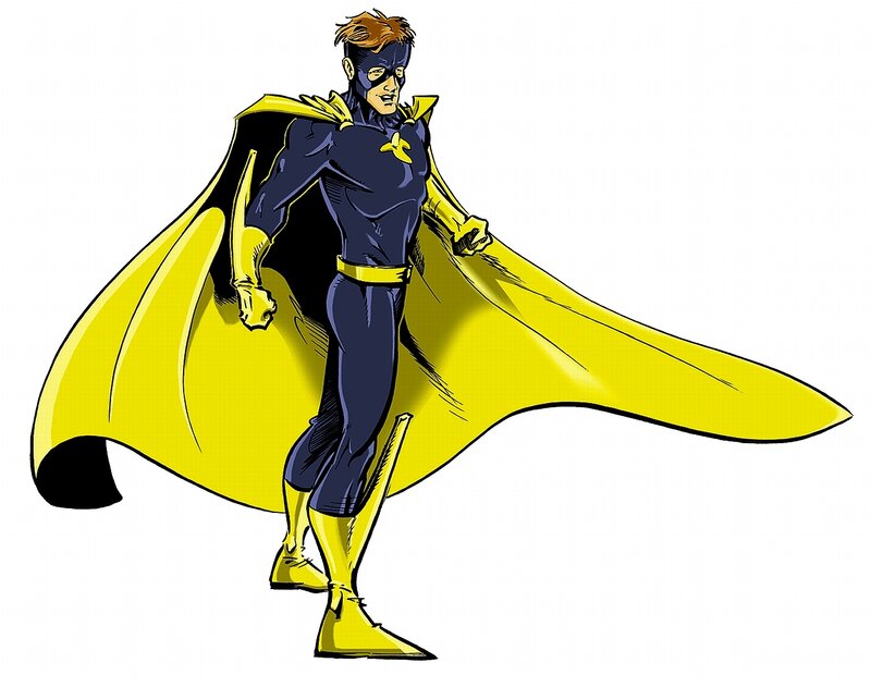 superhero in blue and yellow suit