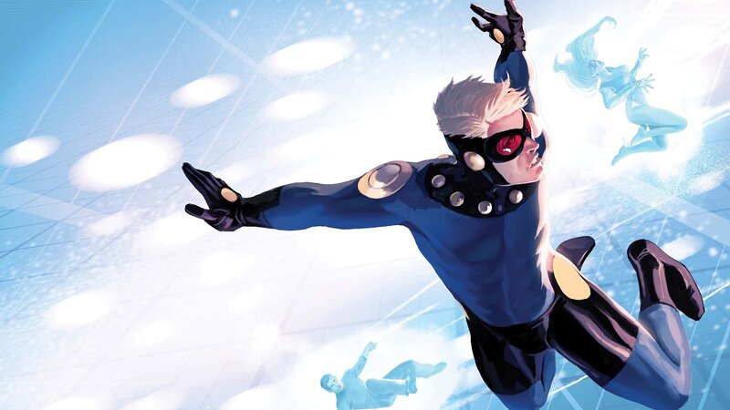 superhero in blue suit flying