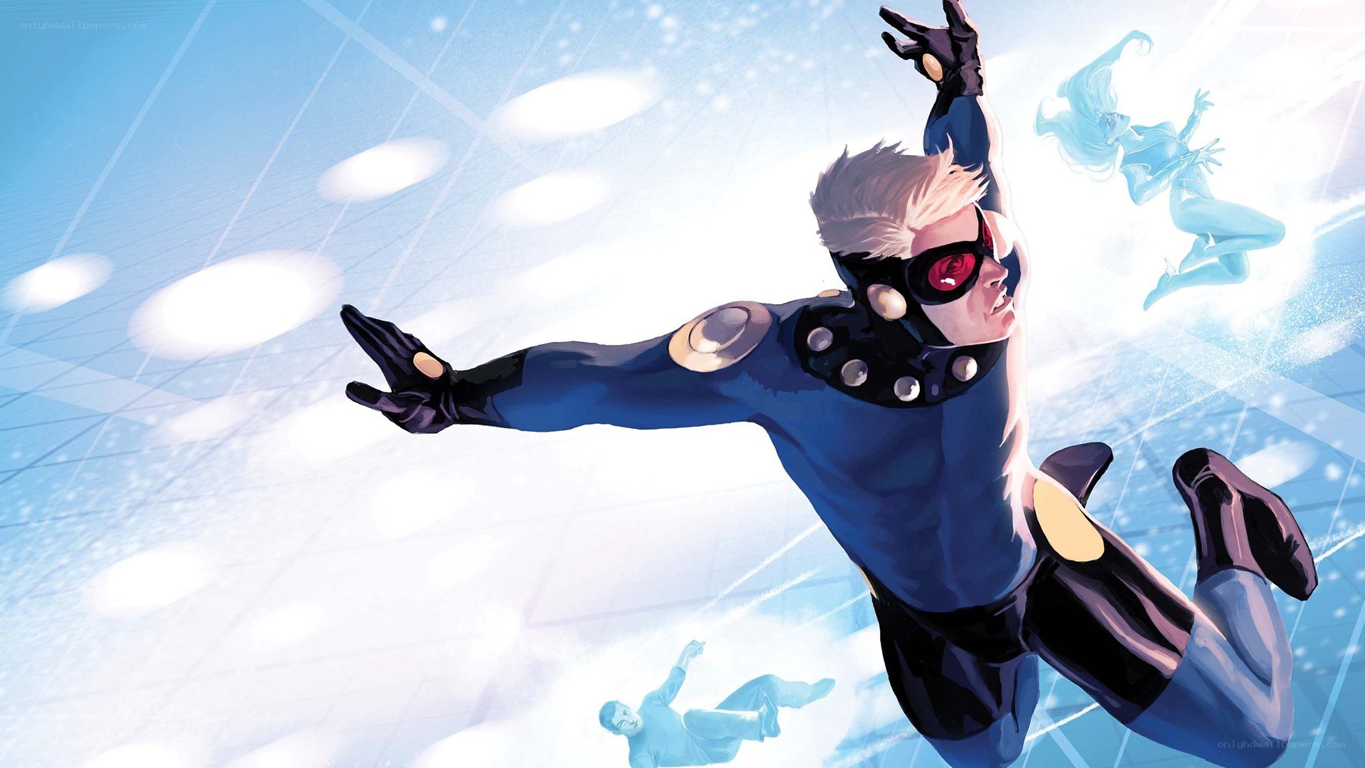 superhero in blue suit flying