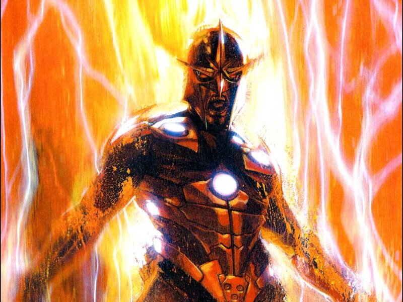 superhero in fiery armor