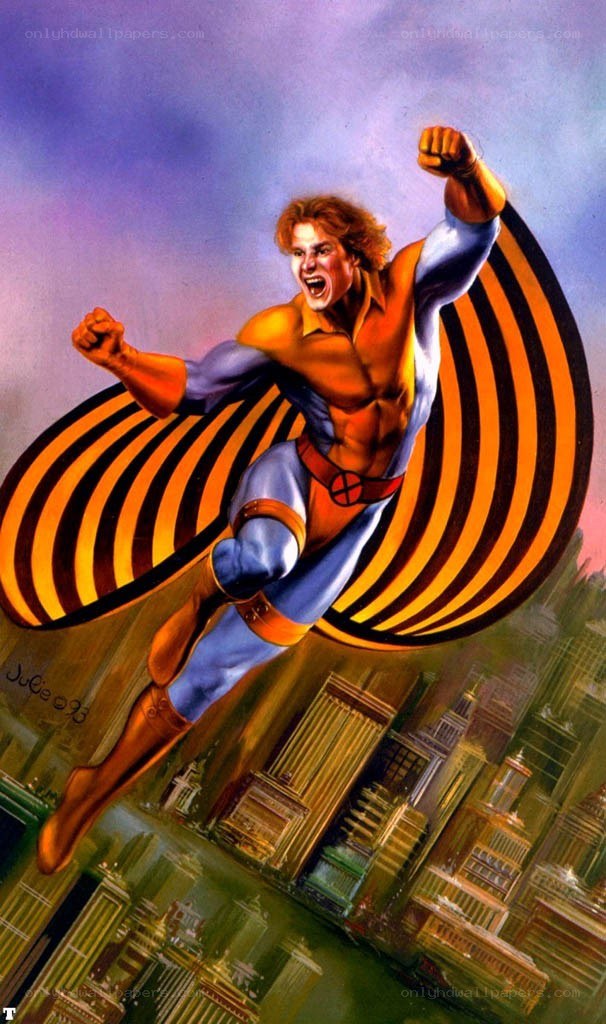 Superhero in flight over city
