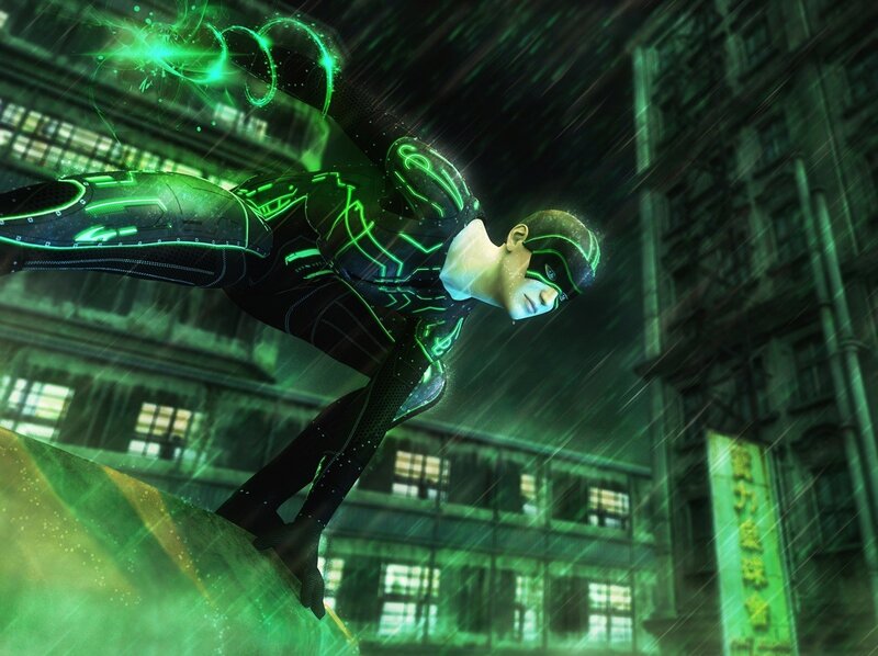 Superhero in Green Suit — Dramatic, Night