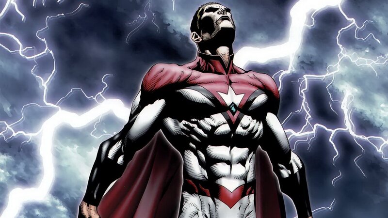 Superhero in Red Suit — Dramatic, Comic, Lightning, Storm Clouds