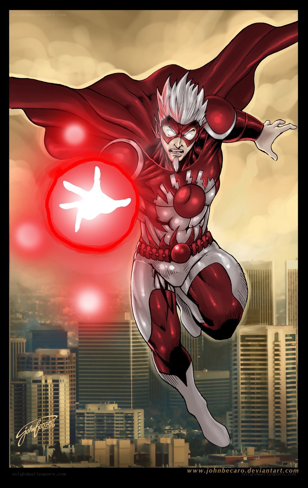 superhero in red suit flying