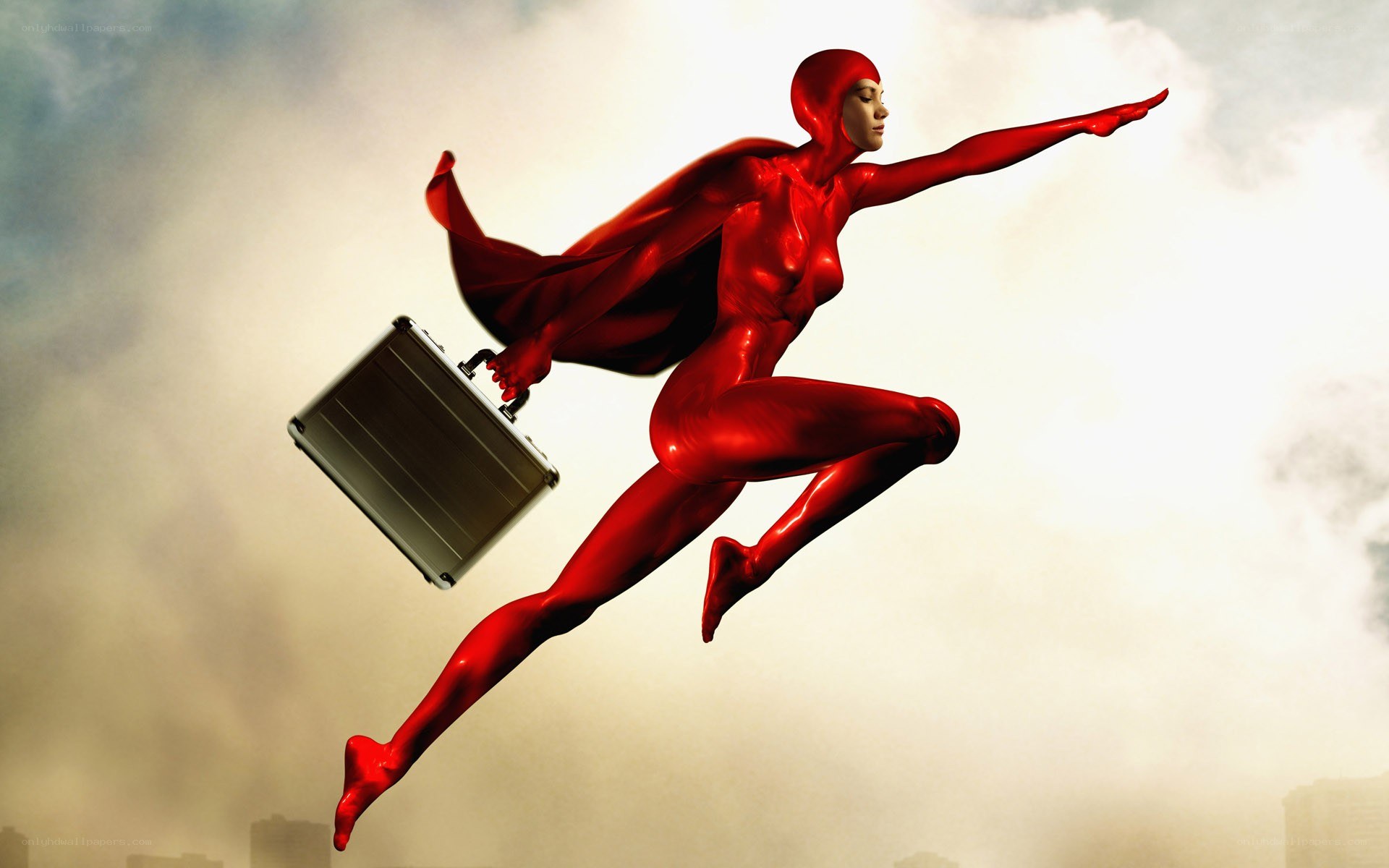 superhero in red suit flying