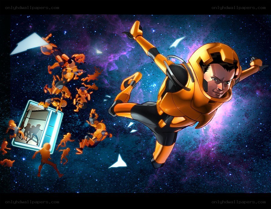 Superhero in space battle
