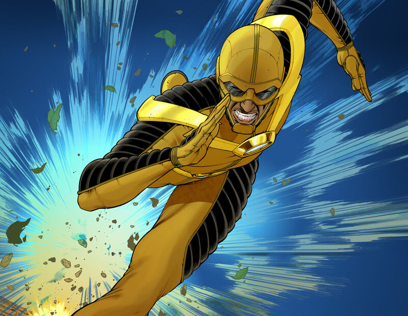 Superhero in Yellow Suit — Dynamic, Action-packed