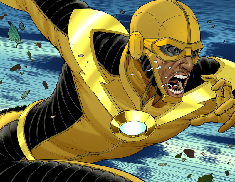 Superhero in Yellow Suit — Dynamic, Intense