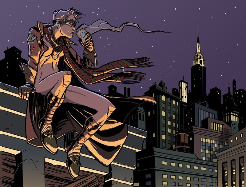 superhero on city rooftop