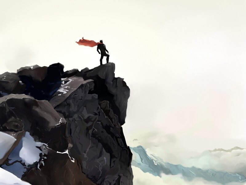 Superhero on Mountain Peak — Black, Dramatic