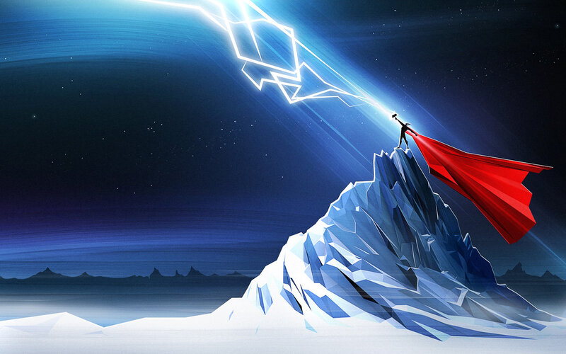 Superhero on Mountain Peak — Blue, Dramatic, Night, Digital Art, Cape