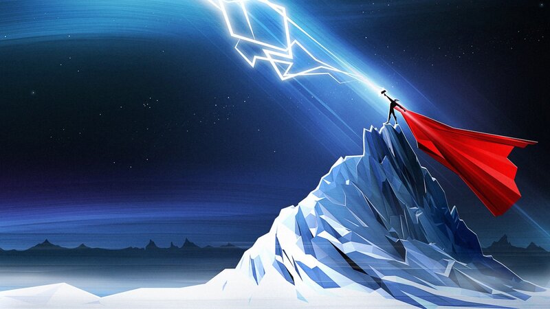 Superhero on Mountain Peak — Blue, Dramatic, Night, Digital Art