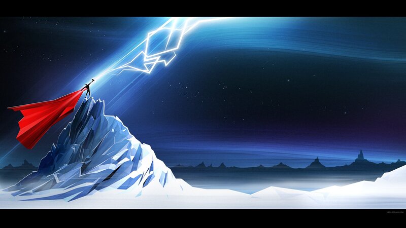 Superhero on Mountain Peak — Blue, Dramatic, Night