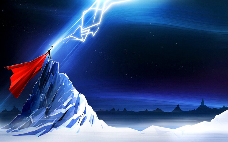Superhero on Mountain Peak — Blue, Dramatic