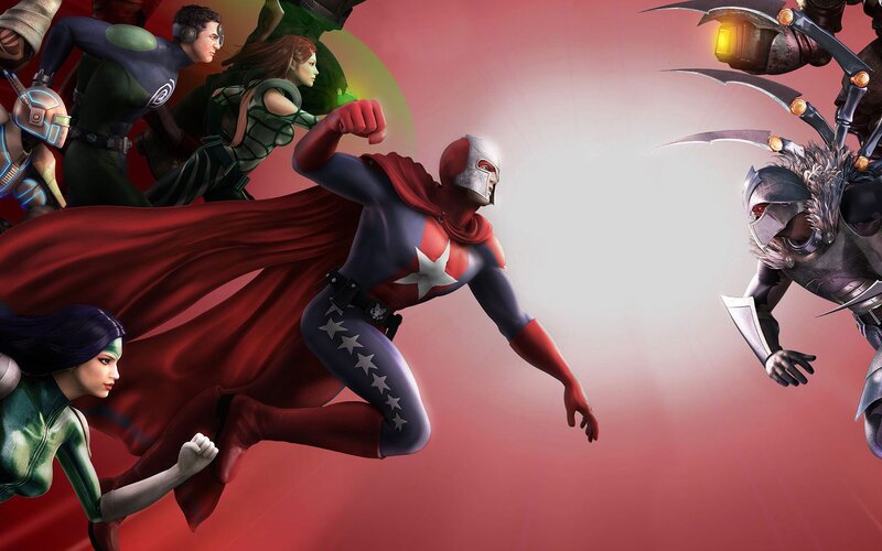 Superhero Team in Action — Red, Dramatic