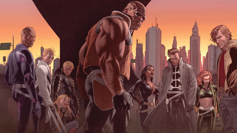 superhero team in cityscape