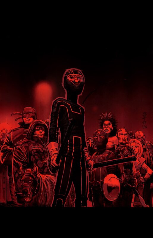 superhero team in red light