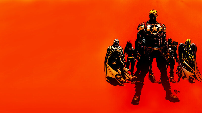 superhero team on red background