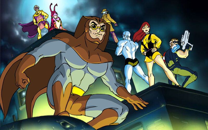 superhero team on rooftop