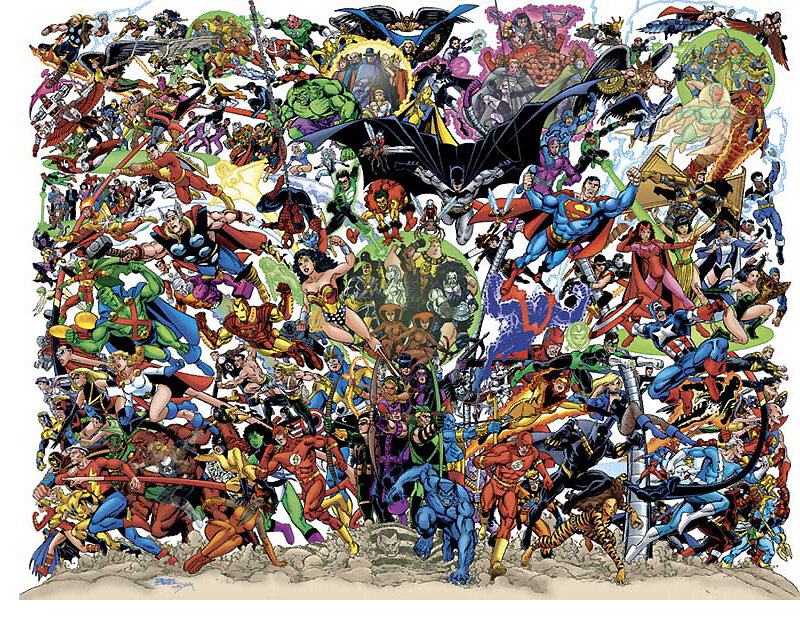 Superhero team-up illustration