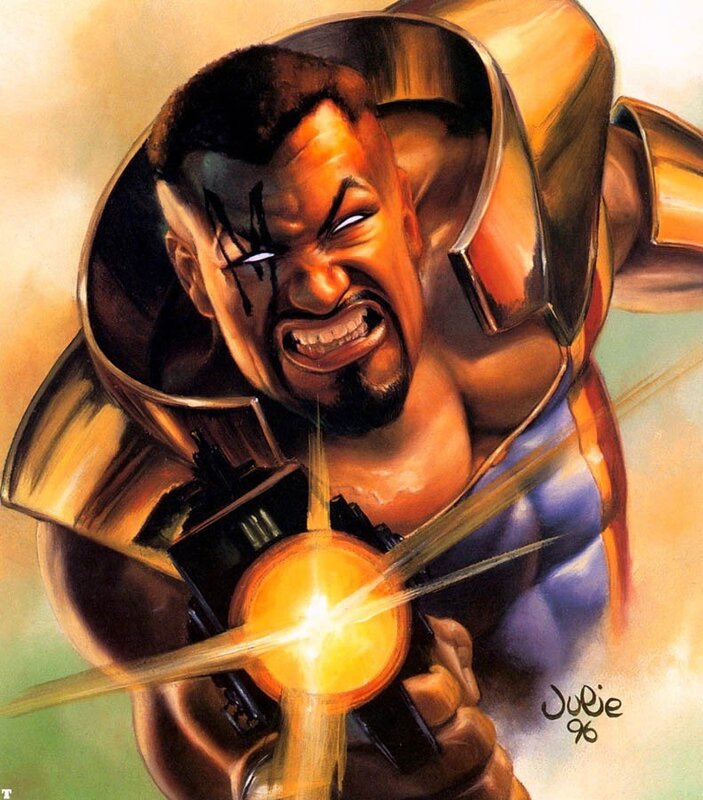 superhero with glowing weapon