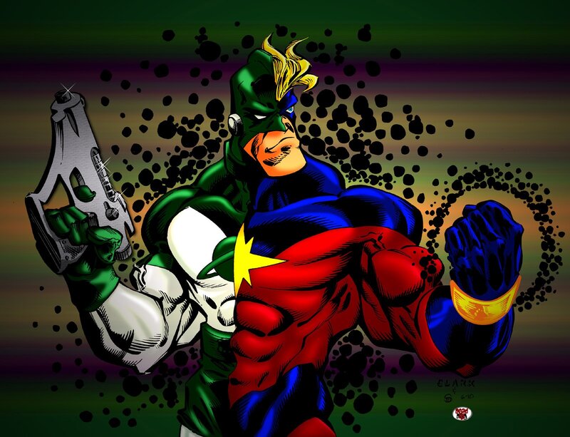 superhero with gun and fist
