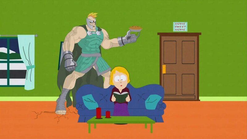 superhero with pie in living room