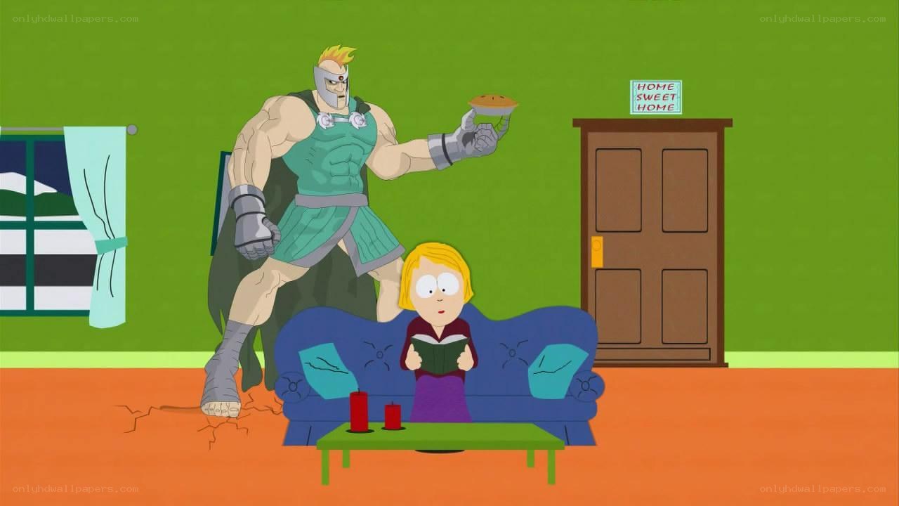 superhero with pie in living room