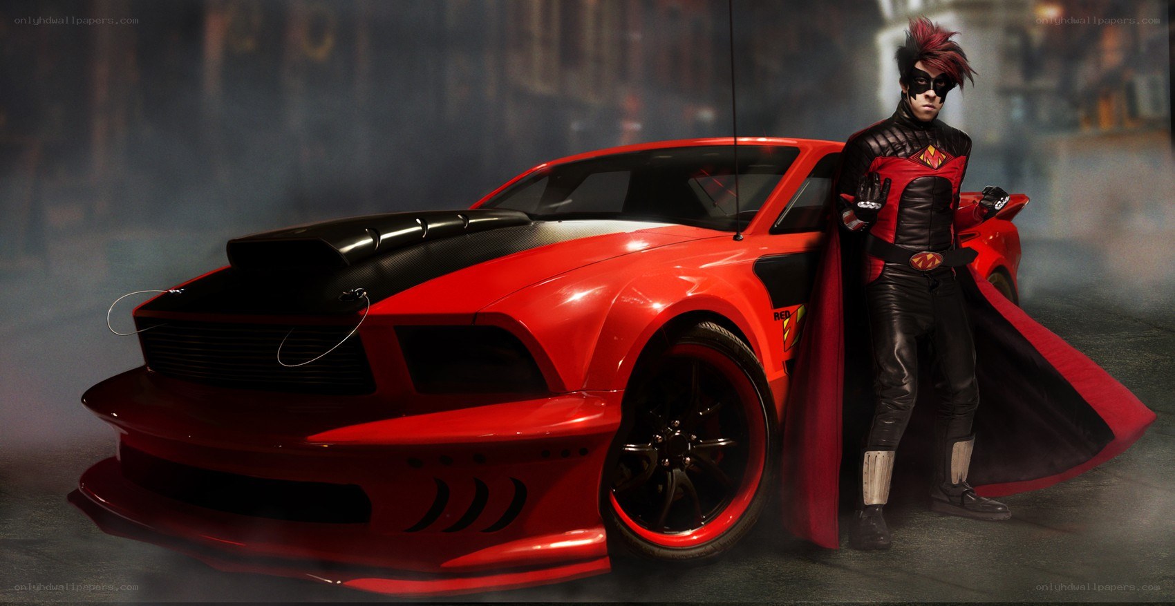 superhero with red car