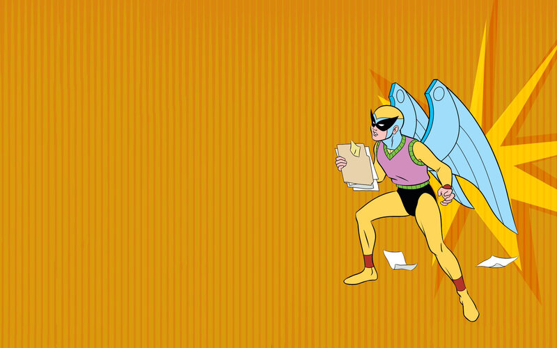 superhero with wings holding papers