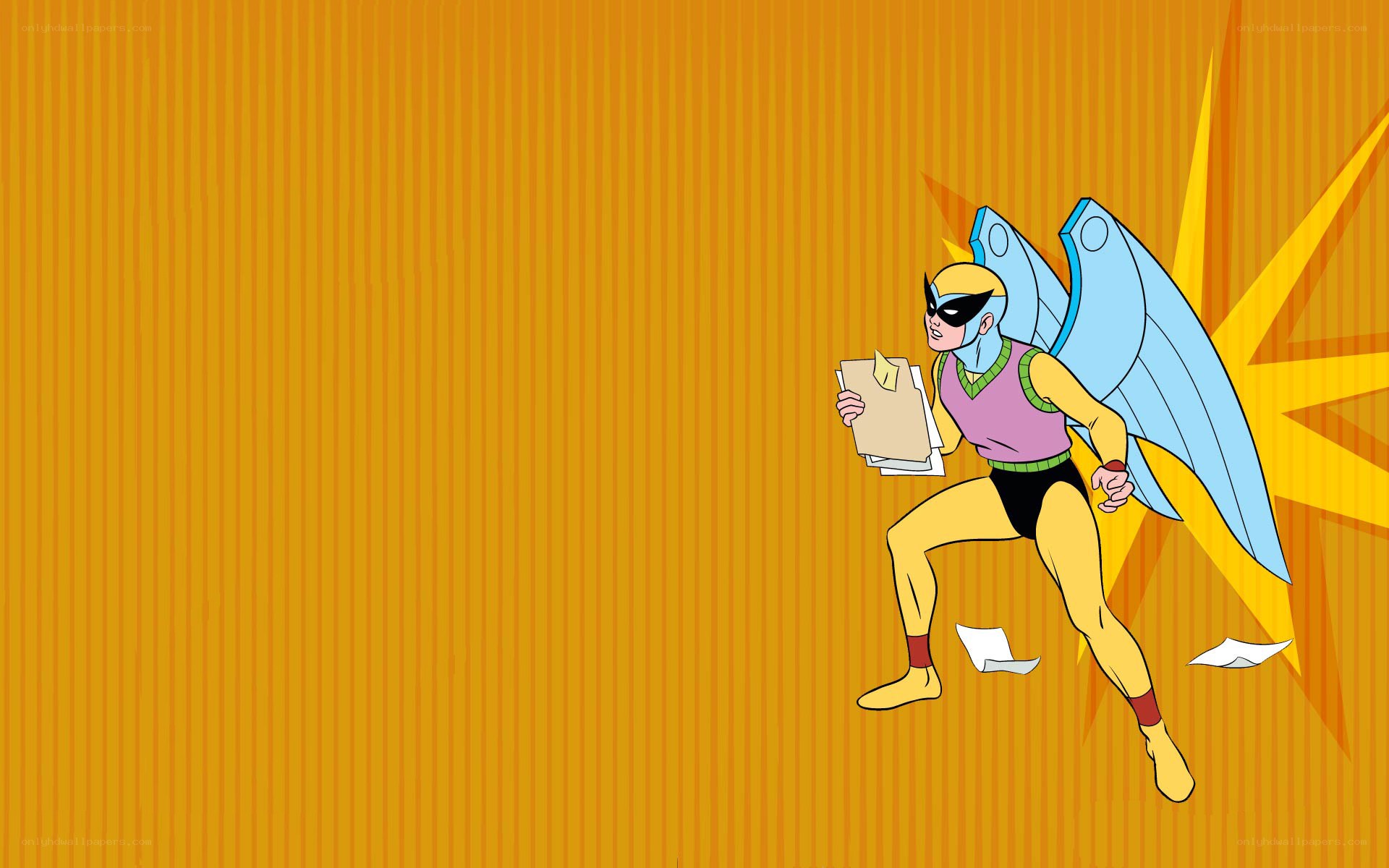 superhero with wings holding papers