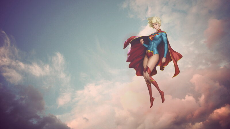 Superhero Woman Flying — Blue, Dramatic, Afternoon, Digital Art, Cape, Clouds