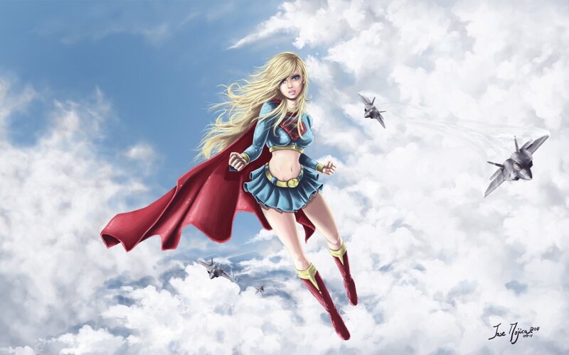 Superhero Woman Flying — Blue, Dramatic, Afternoon