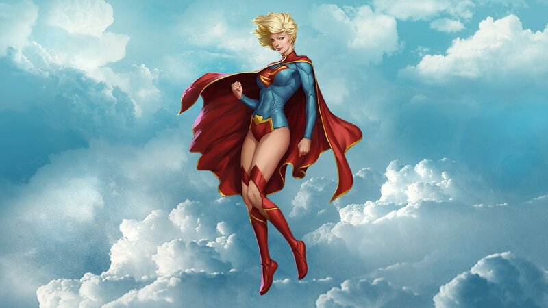Superhero Woman Flying — Blue, Dramatic, Digital Art