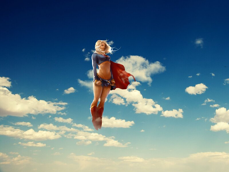 Superhero Woman Flying — Blue, Dramatic