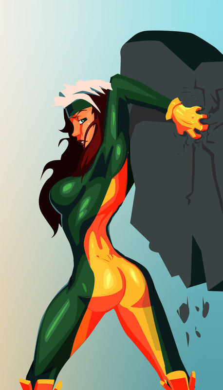superhero woman pushing rock
