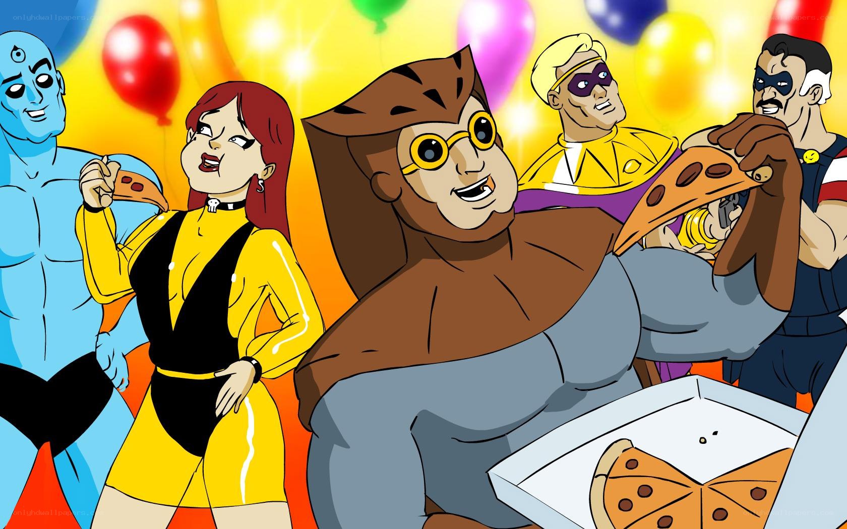 superheroes at a party