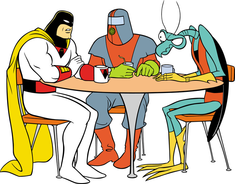 superheroes at a table