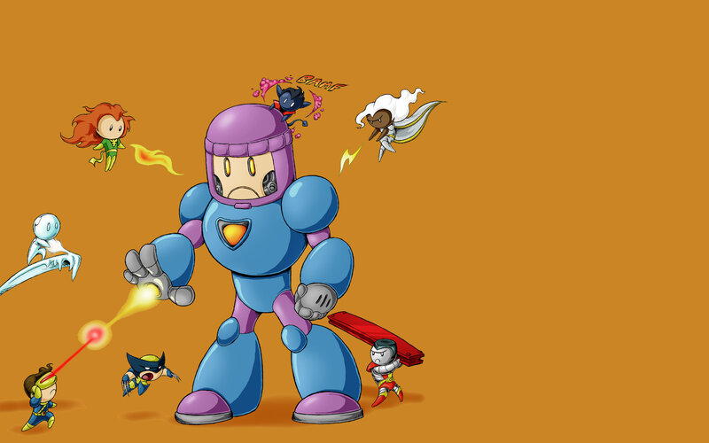Superheroes attack robot
