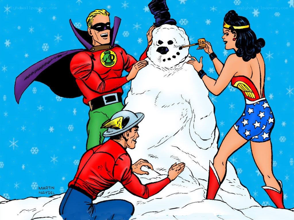 Superheroes building a snowman