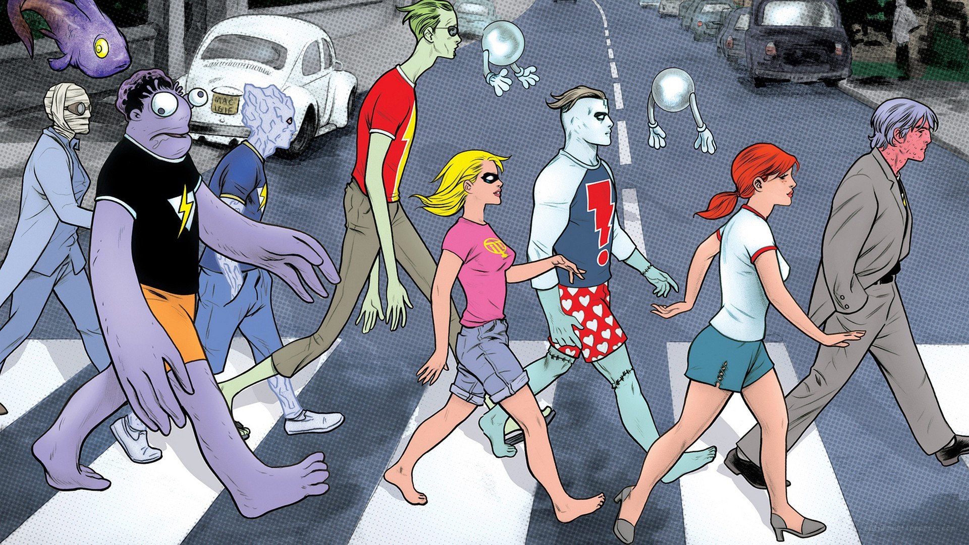 superheroes crossing street