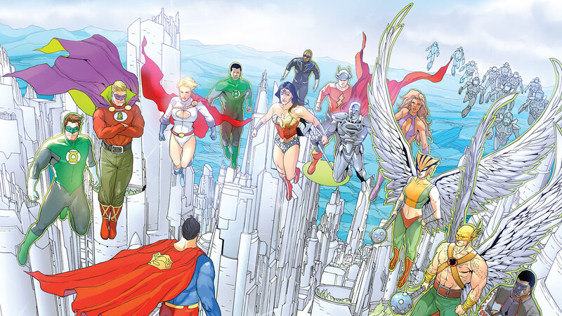 Superheroes Flying over City — Blue, Dramatic