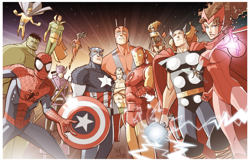 Superheroes Group Portrait — Red, Dramatic, Comic, Comic Book Art