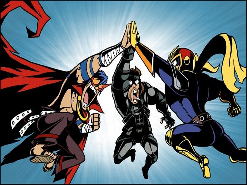 superheroes high-fiving in action