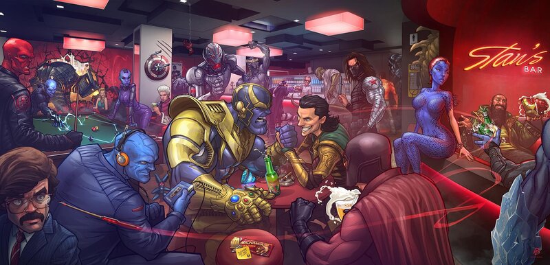 Superheroes in a Bar — Red