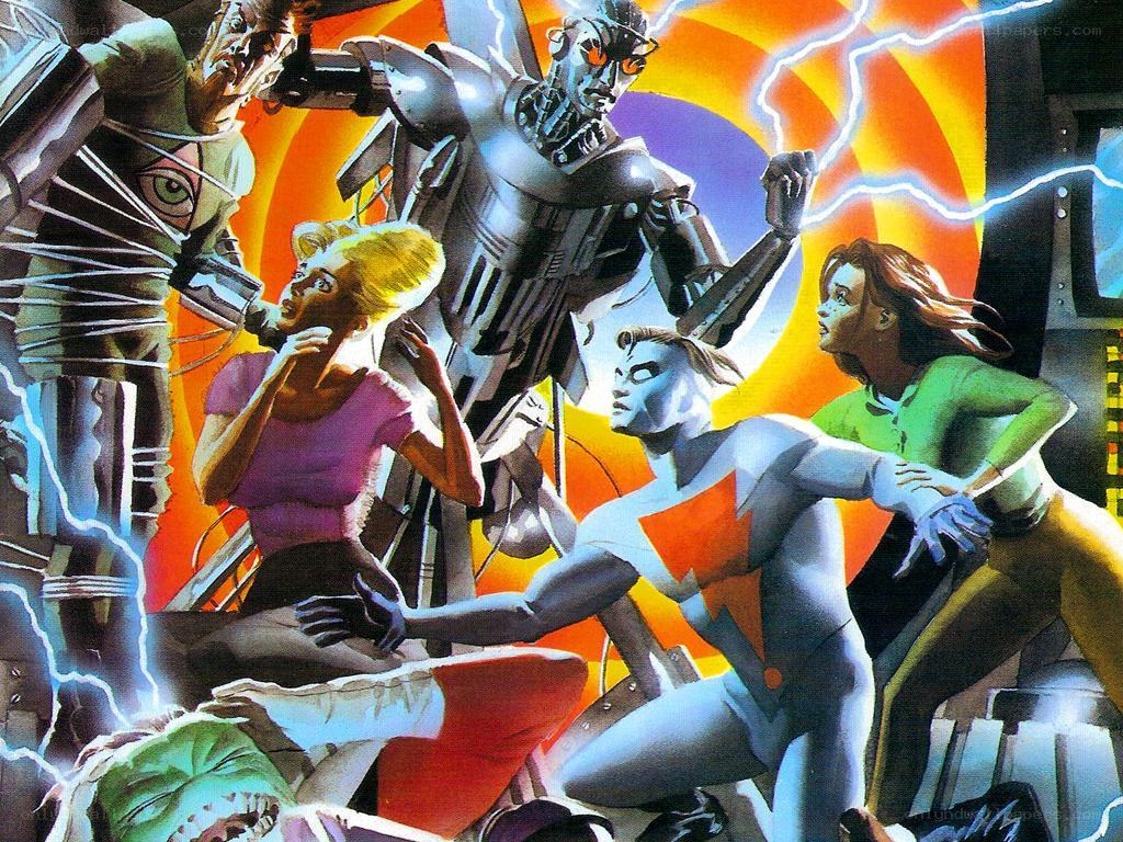 Superheroes in a battle scene