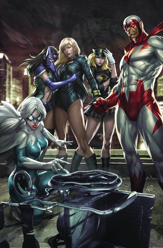 superheroes in a city scene