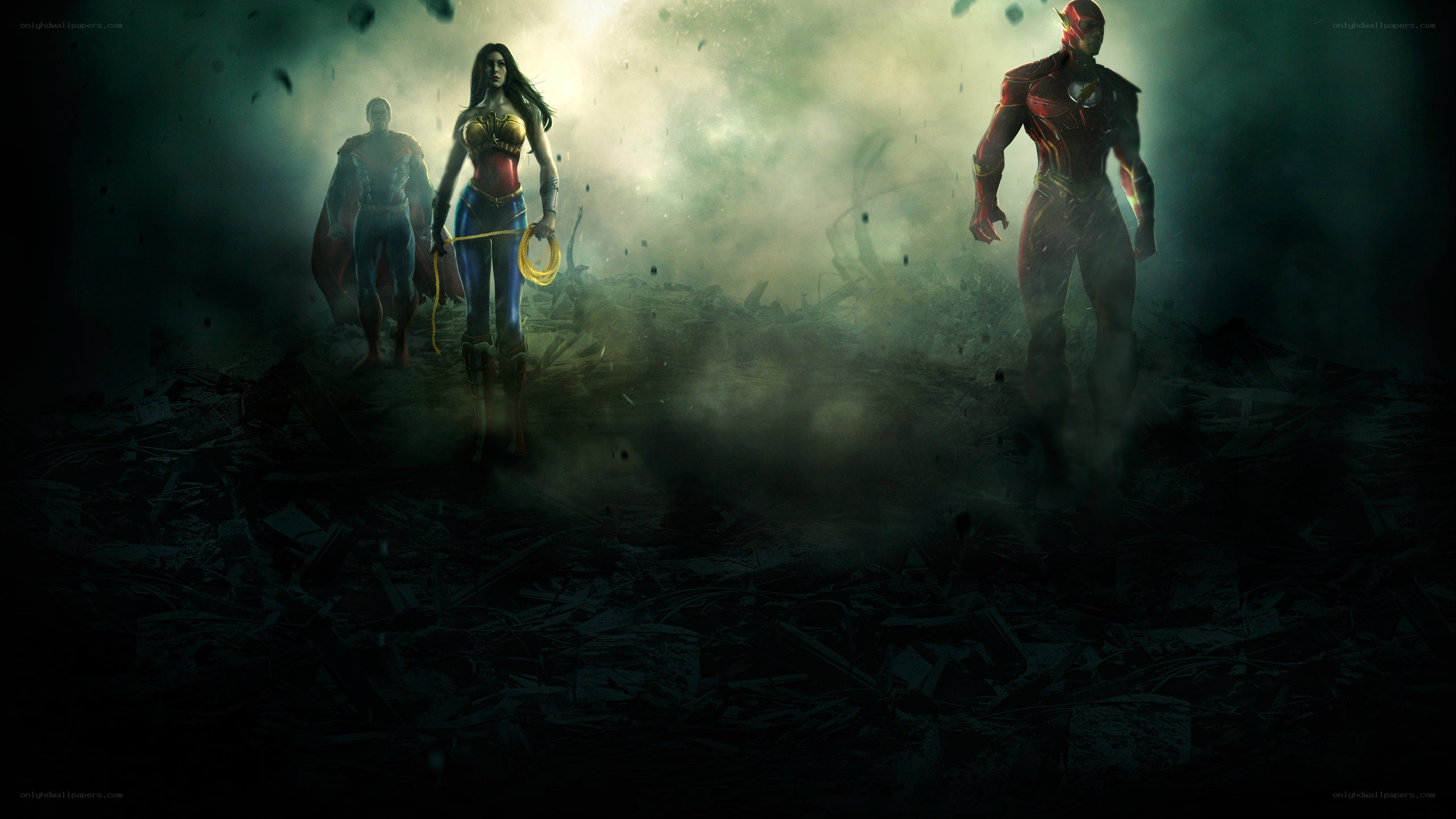 superheroes in a destroyed city