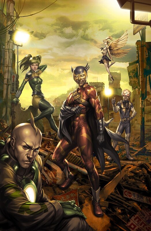 superheroes in a ruined city